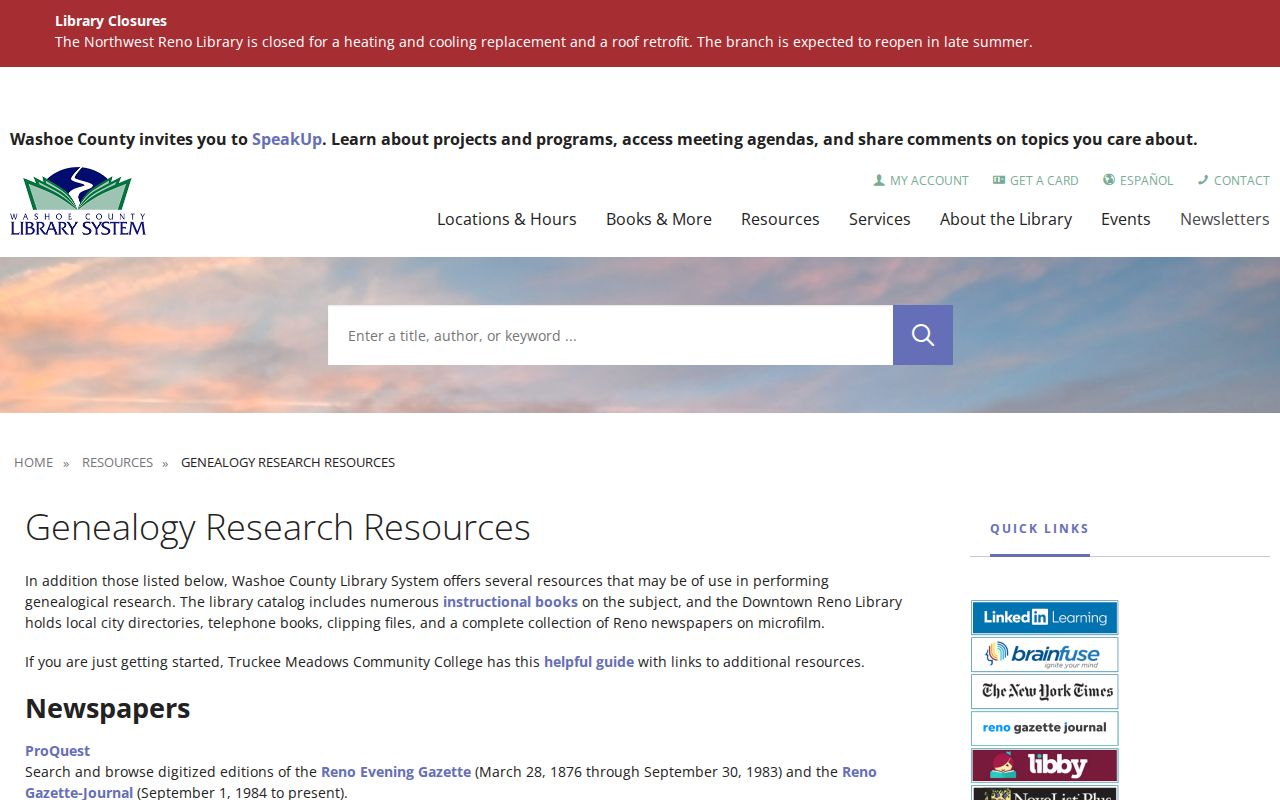 Washoe County people directories and genealogy resources at the county library